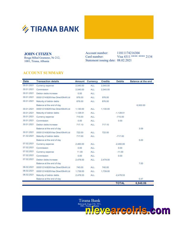 Albania Tirana Bank statement xls
